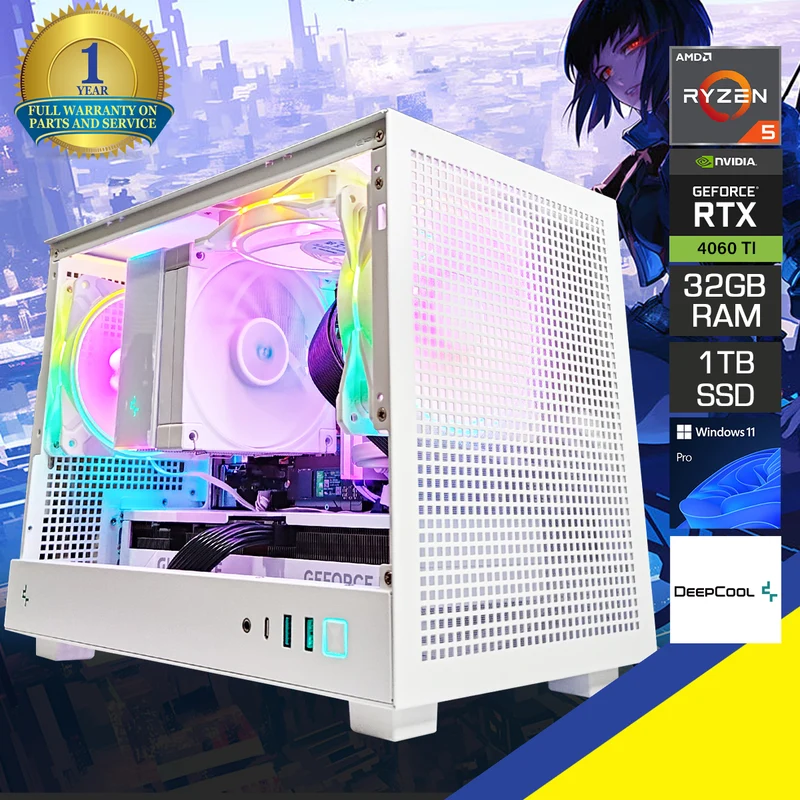 Aurora CH160 White Desktop Gaming PC | AMD Ryzen 5 7600 | 32GB RAM | 1TB SSD | RTX 4060 Ti | Windows 11 Pro
