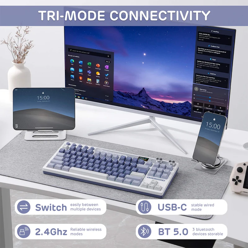 Royal Kludge RK M87 Tri-Mode RGB 88 Keys Hot-Swappable Mechanical Keyboard Ocean Blue (Blue Switch, Beige Switch, Cream Switch)