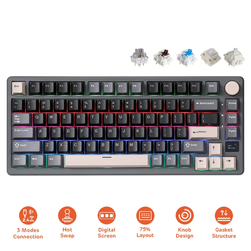 Royal Kludge RK-M75 Tri-Mode RGB 81 Keys Hot-Swappable Mechanical Keyboard Phantom (Blue Switch, Brown Switch, K Silver Switch, Beige Switch, Cream Switch)
