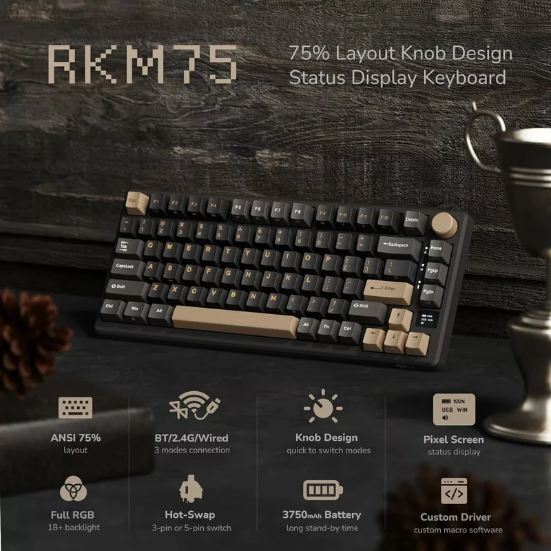 Royal Kludge RK-M75 Tri-Mode RGB 81 Keys Hot-Swappable Mechanical Keyboard Phantom (Blue Switch, Brown Switch, K Silver Switch, Beige Switch, Cream Switch)