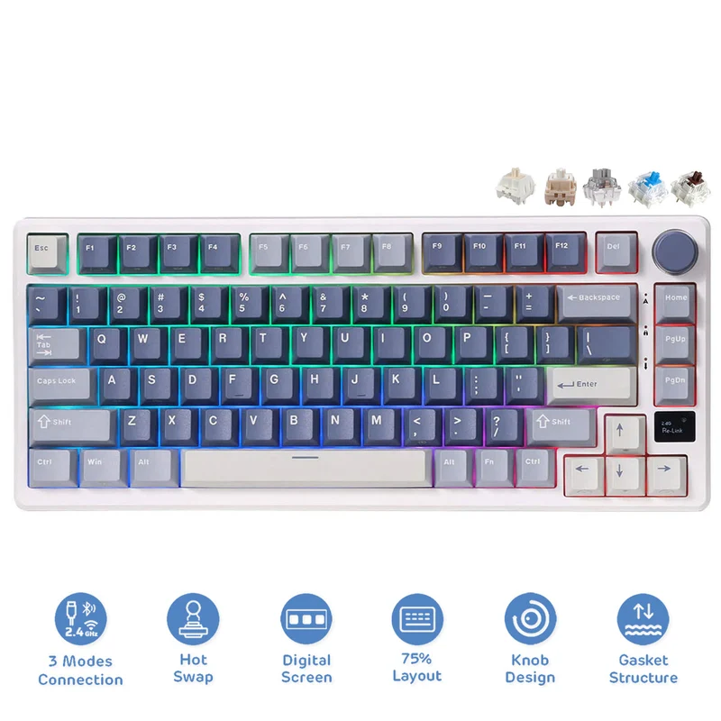 Royal Kludge RK-M75 Tri-Mode RGB 81 Keys Hot-Swappable Mechanical Keyboard Ocean Blue (Blue Switch, Brown Switch, K Silver Switch, Cream Switch, Beige Switch)