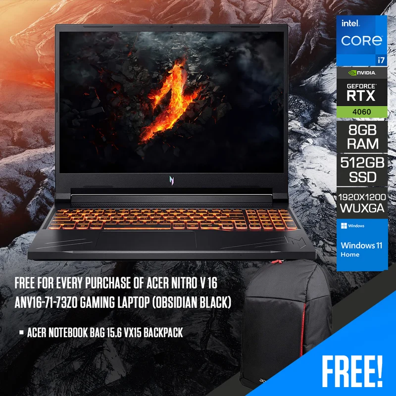 Acer Nitro V 16 ANV16-71-73Z0 Gaming Laptop (Obsidian Black) | 16" WUXGA (1920X1200) IPS 165Hz | i7-14650HX | 8GB RAM | 512GB SSD | RTX 4060 | Windows 11 Home | Acer Notebook Bag 15.6 VX15 Backpack