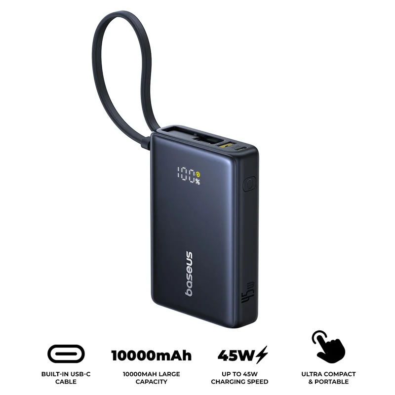 Baseus PicoGo Digital Display Power Bank 10000mAh 45W with Built-in USB-C Cable (Cosmic Black) (P10076803123-00)