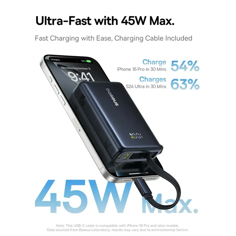 Baseus PicoGo Digital Display Power Bank 10000mAh 45W with Built-in USB-C Cable (Cosmic Black) (P10076803123-00)