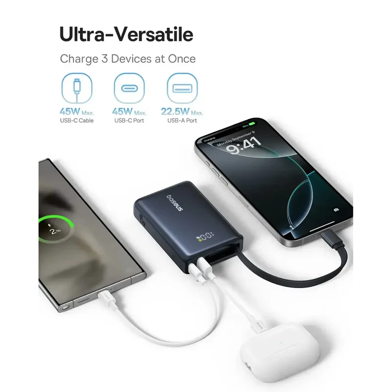 Baseus PicoGo Digital Display Power Bank 10000mAh 45W with Built-in USB-C Cable (Cosmic Black) (P10076803123-00)