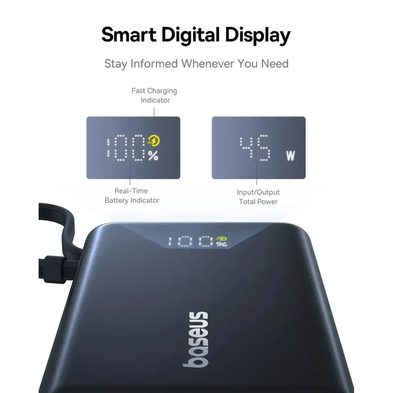 Baseus PicoGo Digital Display Power Bank 10000mAh 45W with Built-in USB-C Cable (Cosmic Black) (P10076803123-00)