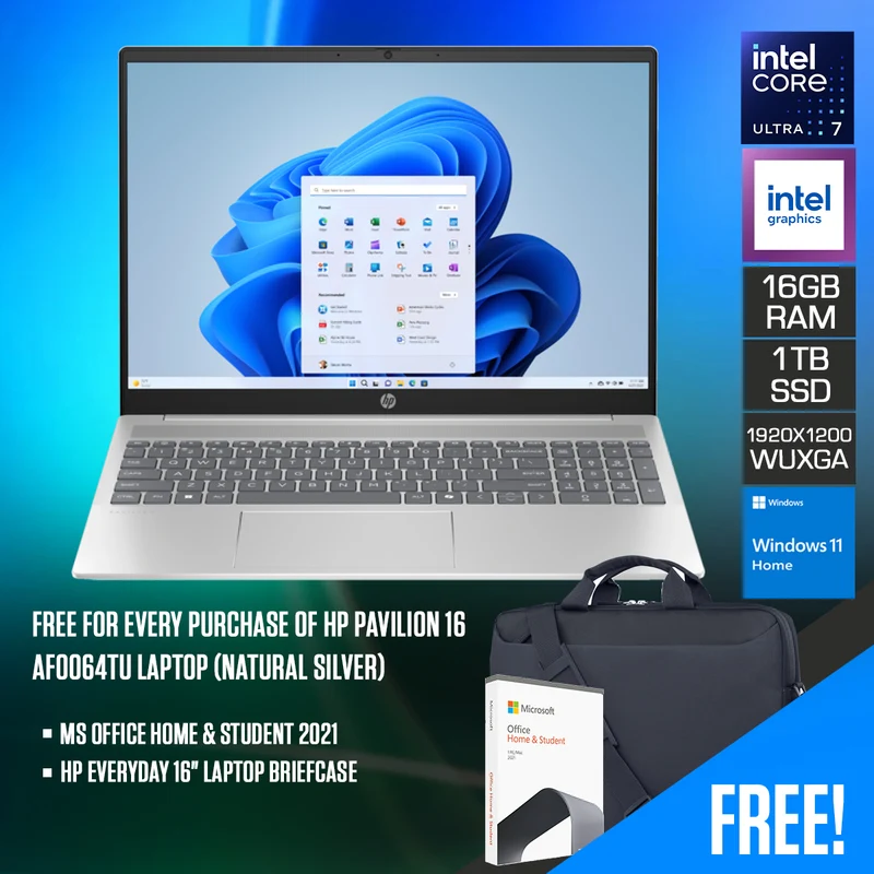HP Pavilion 16-AF0064TU Laptop (Natural Silver) | 16" WUXGA (1920x1200) IPS | Ultra 7-155U | 16GB RAM | 1TB SSD | Intel Graphics | Windows 11 Home | MS Office Home & Student 2021 + HP Everyday 16" Laptop Briefcase