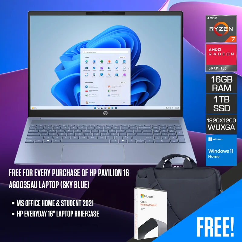 HP Pavilion 16-AG0035AU Laptop (Sky Blue) | 16" WUXGA (1920x1200) IPS | R7-8840U | 16GB RAM | 1TB SSD | AMD Radeon Graphics | Windows 11 Home | MS Office Home & Student 2021 + HP Everyday 16" Laptop Briefcase