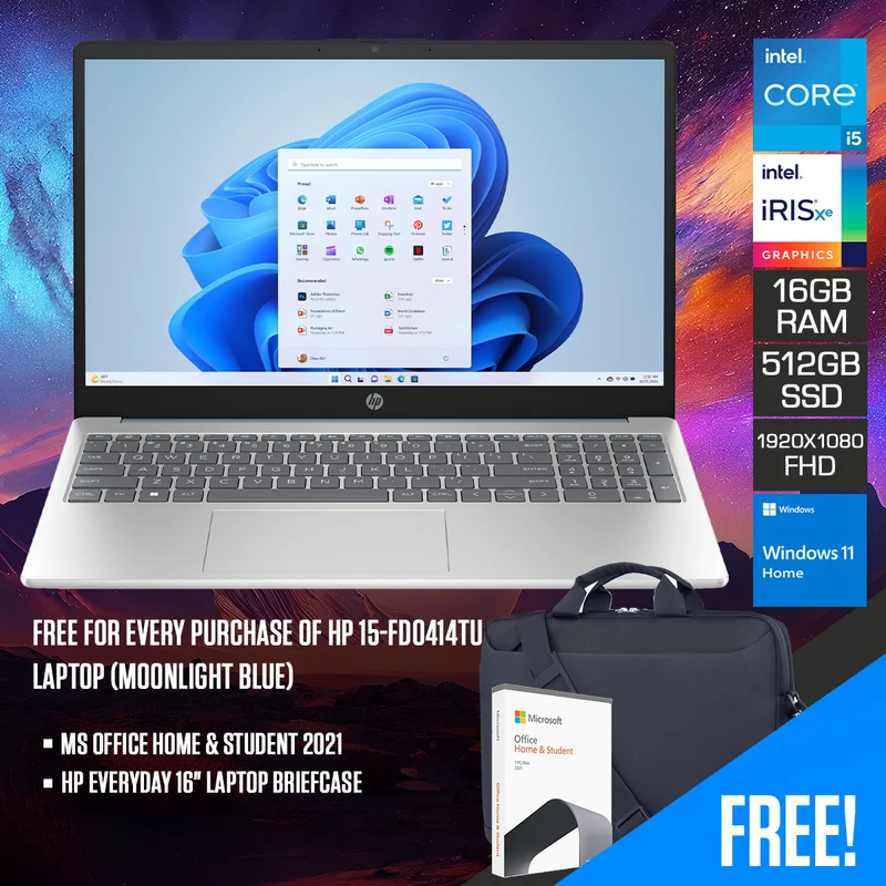 HP 15-FD0414TU Laptop (Moonlight Blue) | 15.6" FHD (1920x1080) | i5-1334U | 16GB RAM | 512GB SSD | Intel Iris Xe | Windows 11 Home | MS Office Home & Student 2021 + HP Everyday 16" Laptop Briefcase