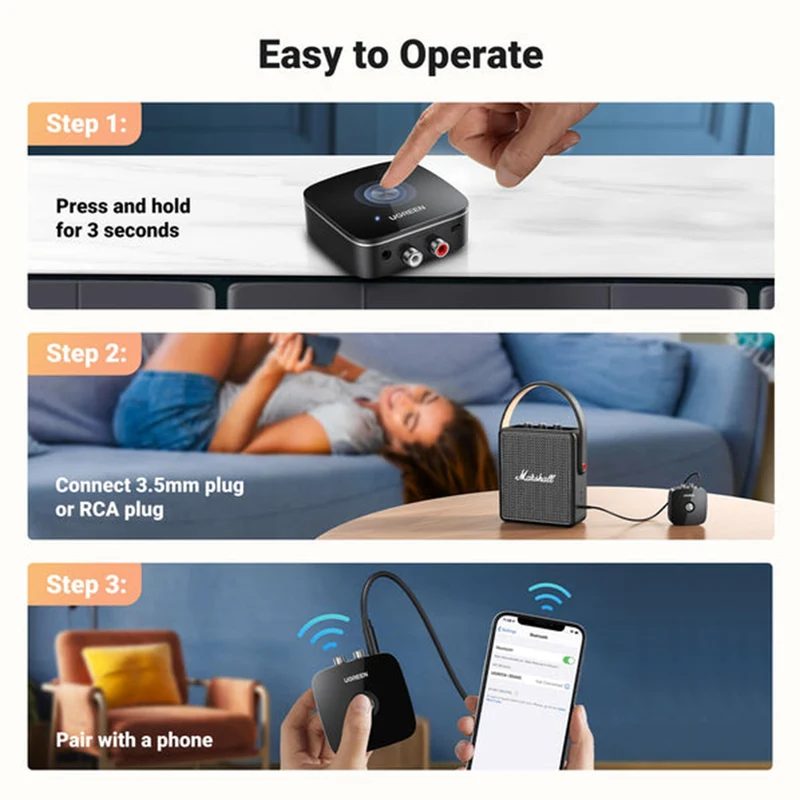 Ugreen Bluetooth Audio Receiver With 3.5mm & 2 RCA Adapter (Black) (CM123/30445)