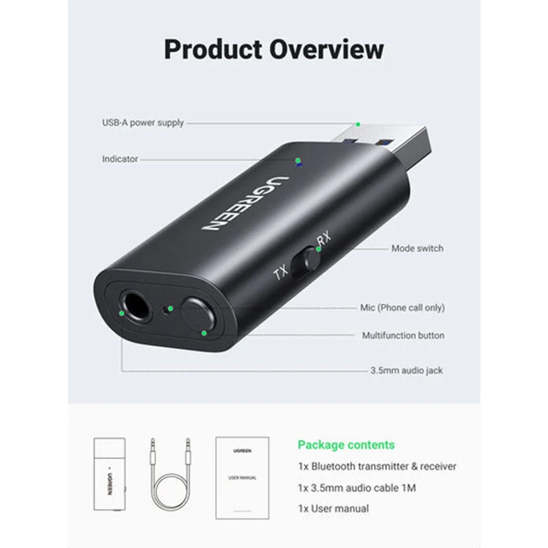 Ugreen Bluetooth Audio Transceiver with Mic (Black) (CM523/60300)