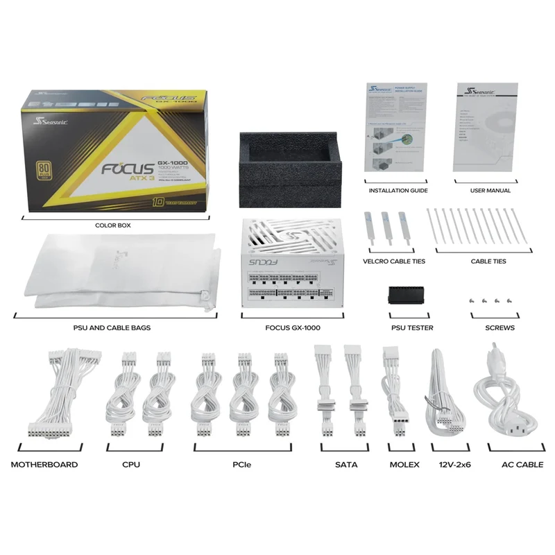 Seasonic Focus GX-1000 ATX 3 1000W 80+ Gold ATX 3.1 & PCIe Gen 5 Fully Modular Power Supply (White) (SRP-FGX102-A5A32SF)