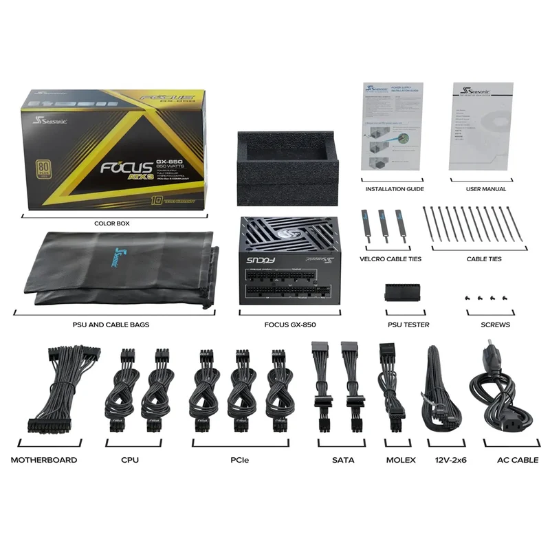 Seasonic Focus GX-850 ATX 3 850W 80+ Gold ATX 3.1 & PCIe Gen 5 Fully Modular Power Supply (Black) (SRP-FGX851-A5A32SF)