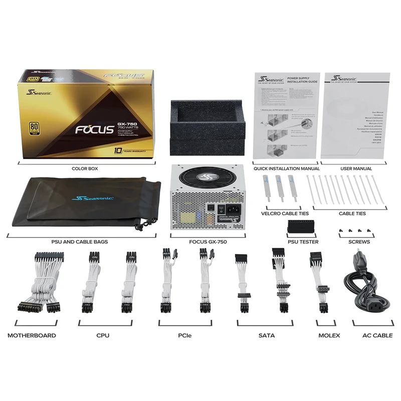 Seasonic Focus GX-750 ATX 3 750W 80+ Gold ATX 3.1 & PCIe Gen 5 Fully Modular Power Supply (White) (SRP-FGX751-A5A32SF)