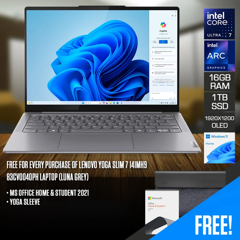 Lenovo Yoga Slim 7 14IMH9 83CV0040PH Laptop (Luna Grey) | 14" WUXGA (1920x1200) OLED | Ultra 7 155H | 16GB RAM | 1TB SSD | Intel Arc Graphics | Windows 11 Home | MS Office Home & Student 2021 + Yoga Sleeve