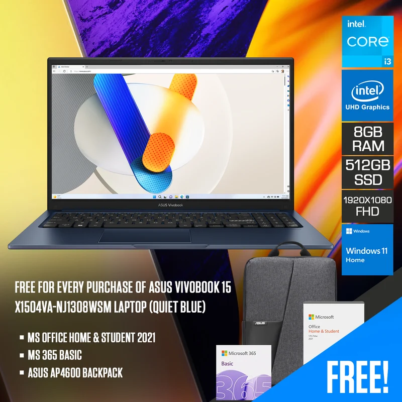 Asus Vivobook 15 X1504VA-NJ1308WSM Laptop (Quiet Blue) | 15.6" FHD (1920x1080) | i3-1315U | 8GB RAM | 512GB SSD | Intel UHD Graphics | Windows 11 Home | MS Office Home & Student 2021 + MS 365 Basic + Asus AP4600 Backpack