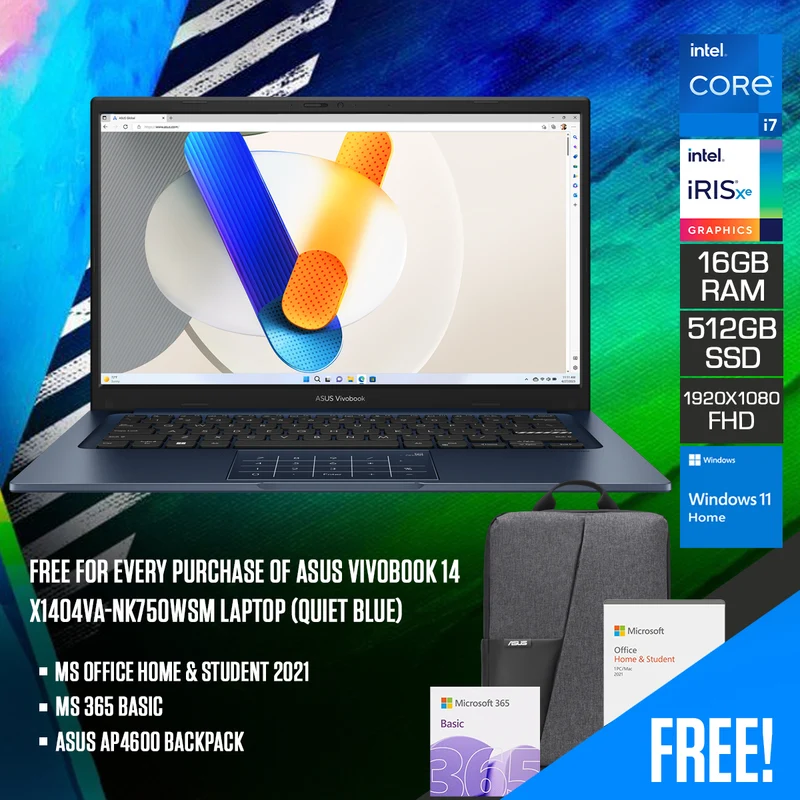 Asus Vivobook 14 X1404VA-NK750WSM Laptop (Quiet Blue) | 14" FHD (1920x1080) | i7-1355U | 16GB RAM | 512GB SSD | Intel Iris Xe Graphics | Windows 11 Home | MS Office Home & Student 2021 + MS 365 Basic + Asus AP4600 Backpack