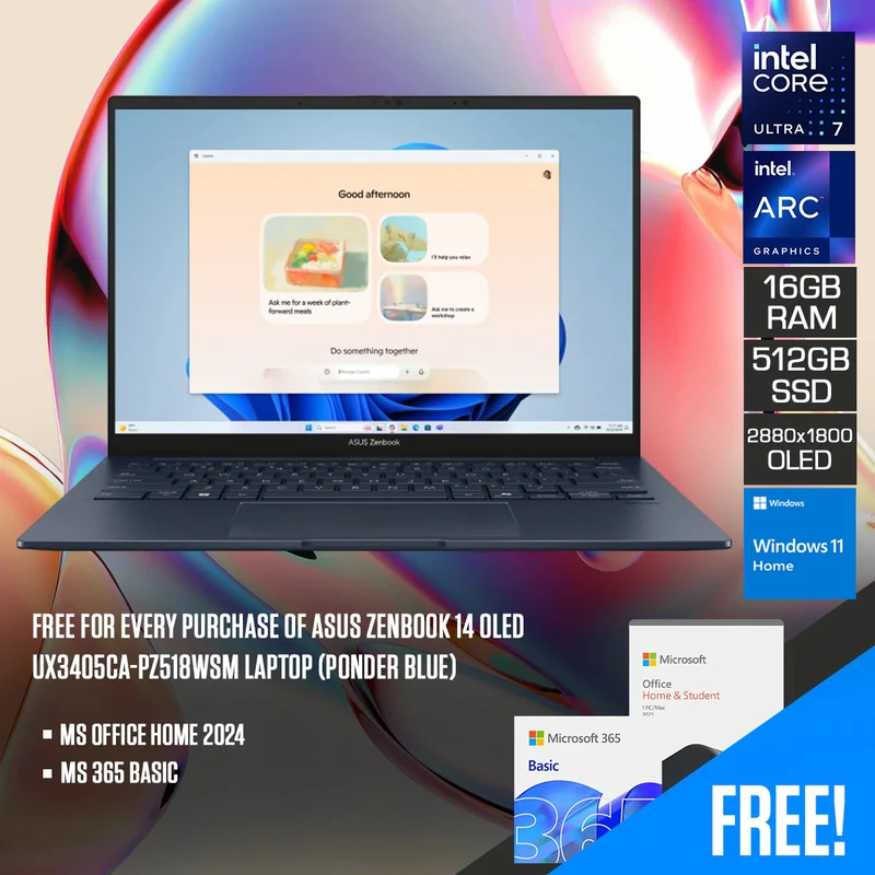 Asus Zenbook 14 OLED UX3405CA-PZ518WSM Laptop (Ponder Blue) | 14" 3K (2880 x 1800) | Ultra 7 255H | 16GB RAM | 512GB SSD | Intel Arc | Windows 11 Home | MS Office Home 2024 + MS 365 Basic