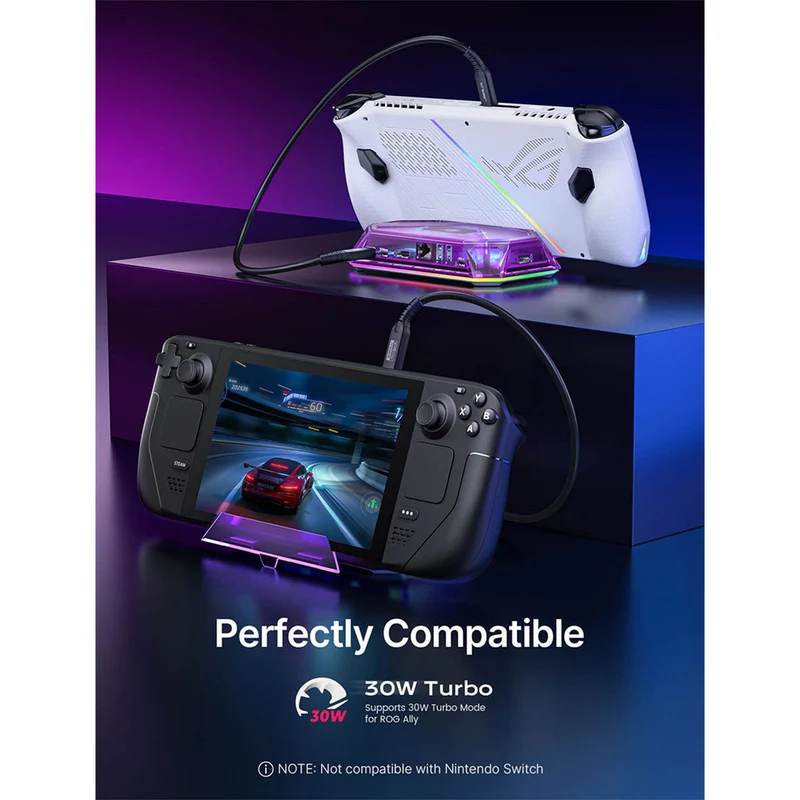 JSAUX 8-Port RGB Docking Station Pro for Steam Deck/ Steam Deck OLED/ ROG Ally/ ROG Ally X/ Legion Go/ MSI Claw (Clear Black, Clear Purple) (HB0801S)