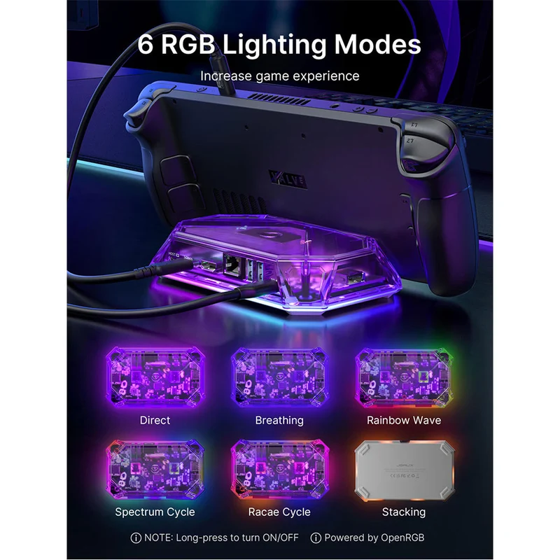 JSAUX 8-Port RGB Docking Station Pro for Steam Deck/ Steam Deck OLED/ ROG Ally/ ROG Ally X/ Legion Go/ MSI Claw (Clear Black, Clear Purple) (HB0801S)