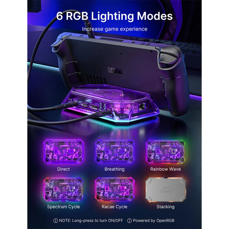 JSAUX 12-Port RGB Docking Station Pro for Steam Deck/ Steam Deck OLED/ ROG Ally/ ROG Ally X/ Legion Go/ MSI Claw (Clear Black, Clear Purple) (HB1201S)