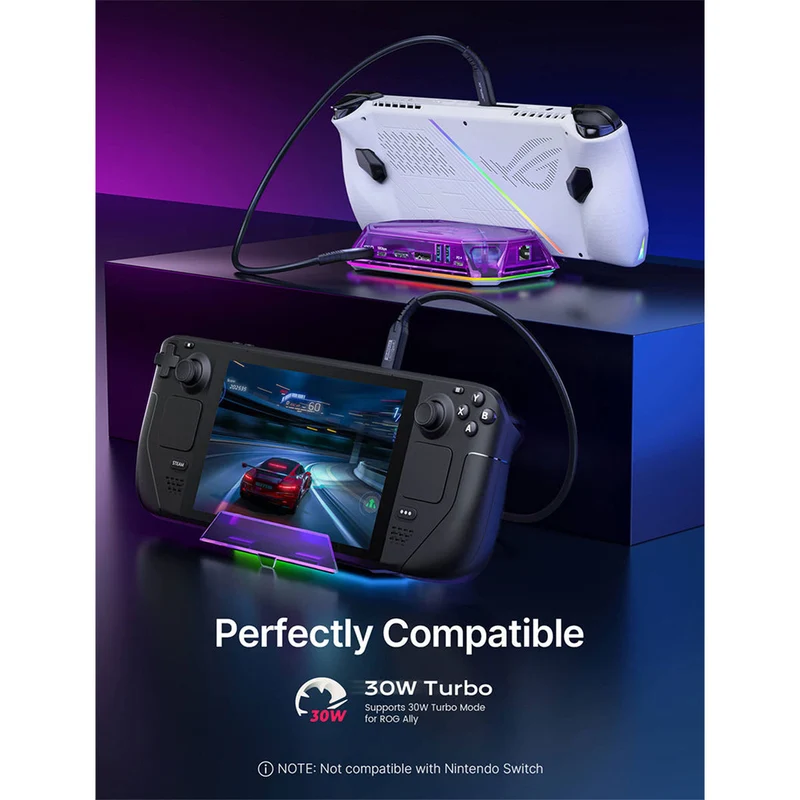 JSAUX 12-Port RGB Docking Station Pro for Steam Deck/ Steam Deck OLED/ ROG Ally/ ROG Ally X/ Legion Go/ MSI Claw (Clear Black, Clear Purple) (HB1201S)