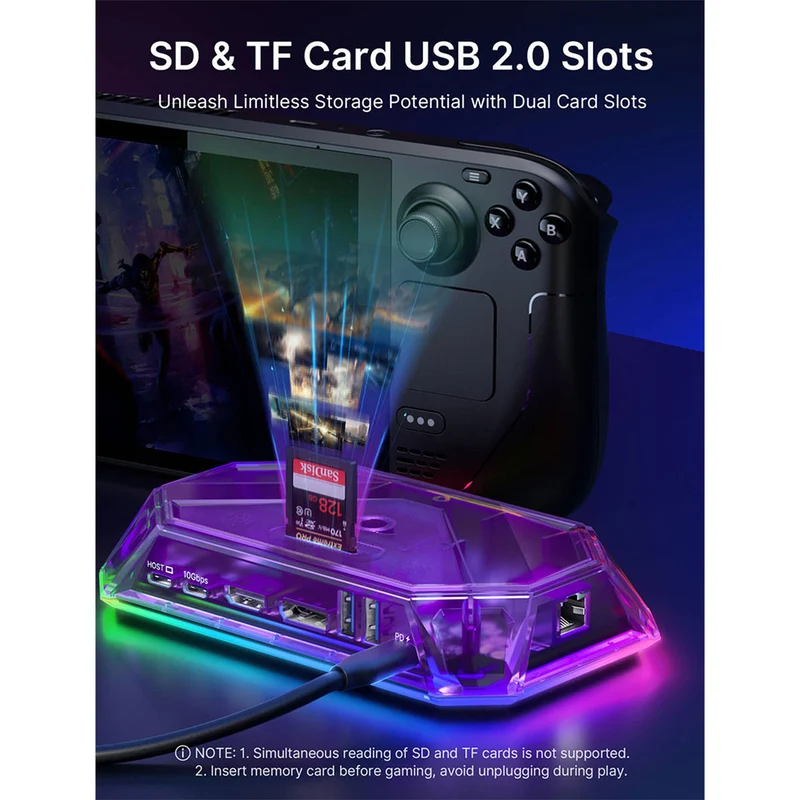 JSAUX 12-Port RGB Docking Station Pro for Steam Deck/ Steam Deck OLED/ ROG Ally/ ROG Ally X/ Legion Go/ MSI Claw (Clear Black, Clear Purple) (HB1201S)