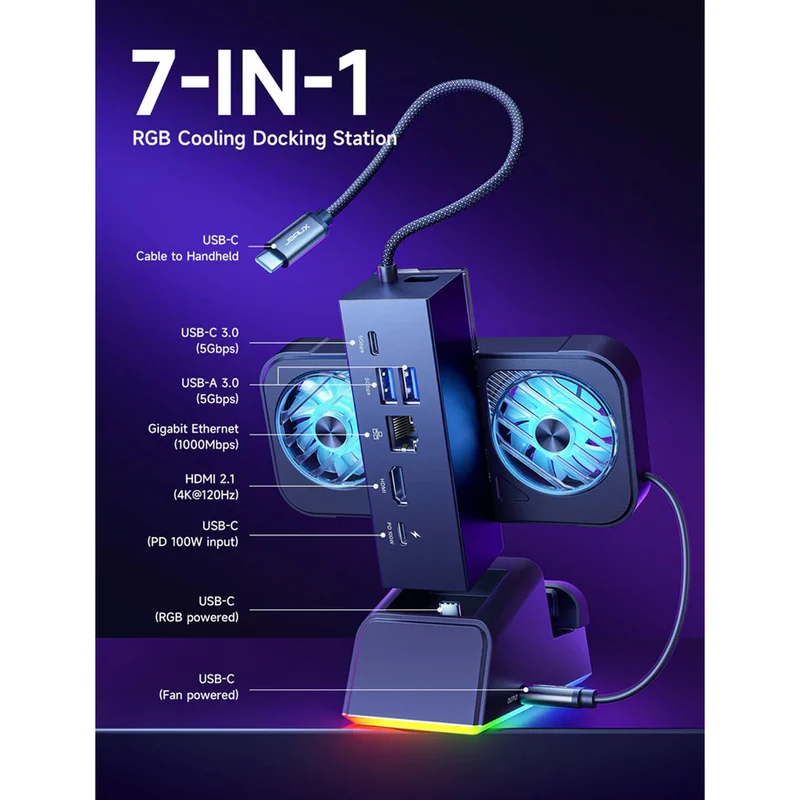JSAUX 7-in-1 RGB Cooling Docking Station for Steam Deck/ Steam Deck OLED/ ROG Ally/ ROG Ally X/ Legion Go (Black) (HB0705)