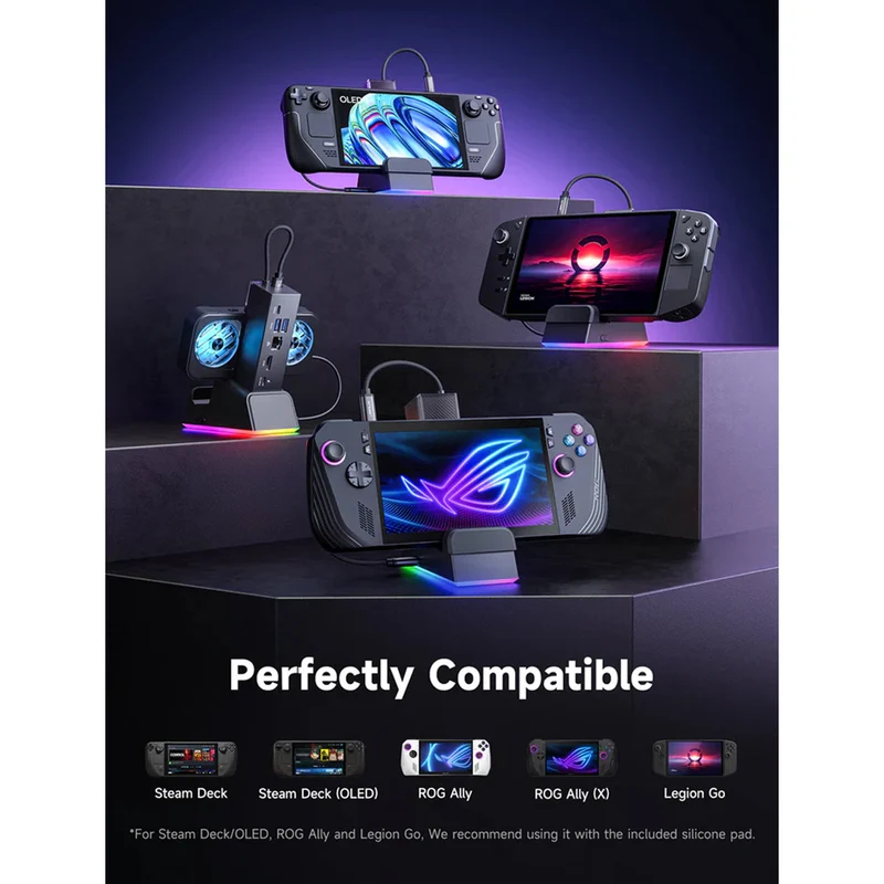 JSAUX 7-in-1 RGB Cooling Docking Station for Steam Deck/ Steam Deck OLED/ ROG Ally/ ROG Ally X/ Legion Go (Black) (HB0705)