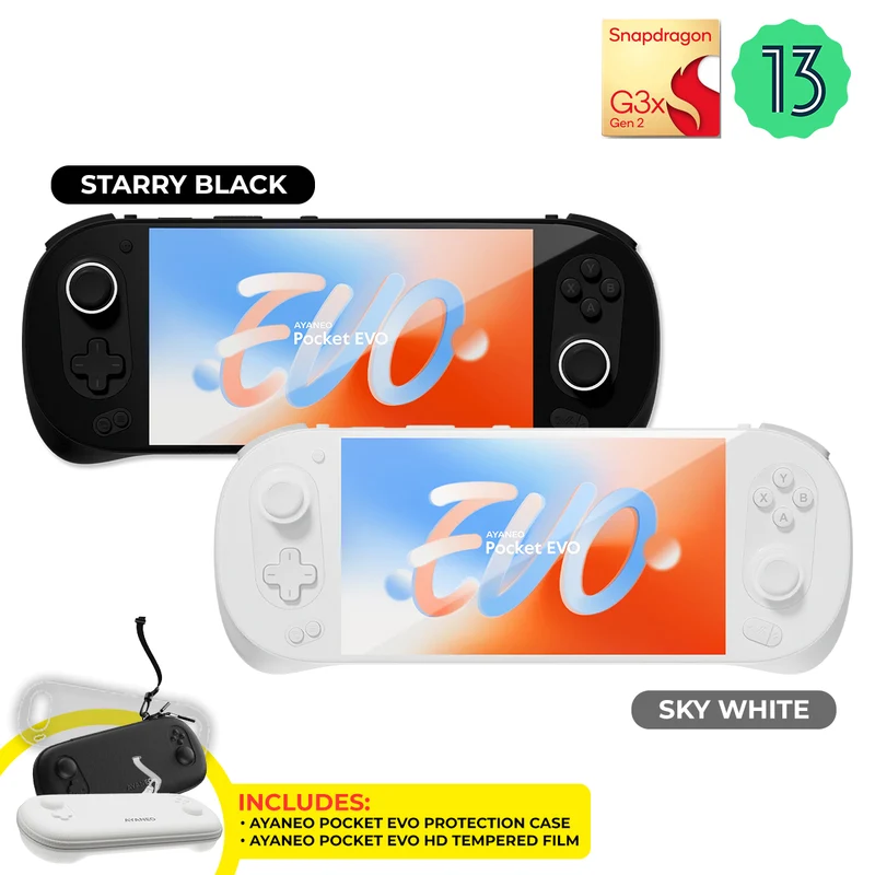 Ayaneo Pocket EVO Qualcomm Snapdragon G3x Gen2 12GB + 256GB 7" 1080P OLED 165Hz High-Refresh Screen Handheld Gaming Console + Ayaneo Pocket EVO Protection Case + Ayaneo Pocket EVO HD Tempered Film (Starry Black, Sky White)