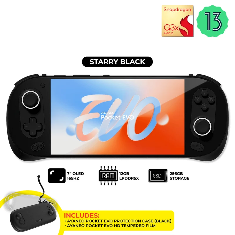 Ayaneo Pocket EVO Qualcomm Snapdragon G3x Gen2 12GB + 256GB 7" 1080P OLED 165Hz High-Refresh Screen Handheld Gaming Console + Ayaneo Pocket EVO Protection Case + Ayaneo Pocket EVO HD Tempered Film (Starry Black, Sky White)