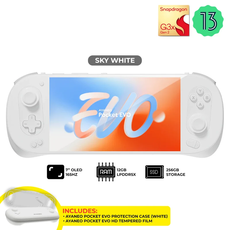 Ayaneo Pocket EVO Qualcomm Snapdragon G3x Gen2 12GB + 256GB 7" 1080P OLED 165Hz High-Refresh Screen Handheld Gaming Console + Ayaneo Pocket EVO Protection Case + Ayaneo Pocket EVO HD Tempered Film (Starry Black, Sky White)