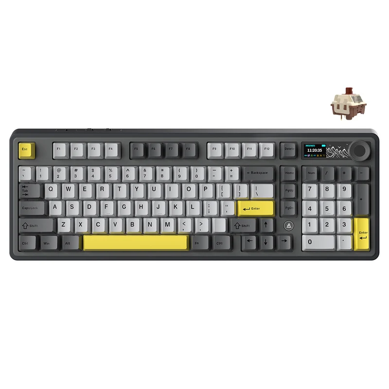 Ajazz AK980 RGB Tri-Mode 98% 97-Keys Gasket-Mounted Hot-Swappable Mechanical Keyboard with 1.14" TFT Display Screen & Knob (Black/Grey/Yellow) (Maillard Switch, Gift Switch V2)