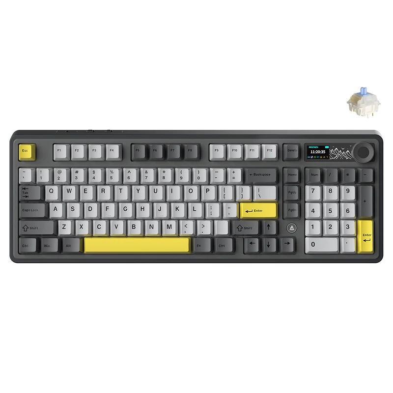 Ajazz AK980 RGB Tri-Mode 98% 97-Keys Gasket-Mounted Hot-Swappable Mechanical Keyboard with 1.14" TFT Display Screen & Knob (Black/Grey/Yellow) (Maillard Switch, Gift Switch V2)