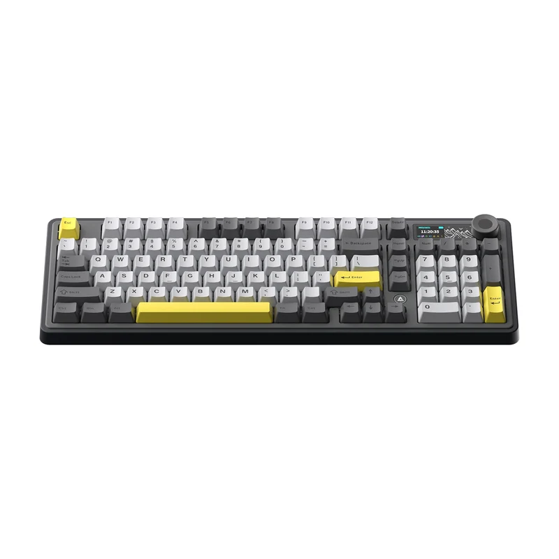 Ajazz AK980 RGB Tri-Mode 98% 97-Keys Gasket-Mounted Hot-Swappable Mechanical Keyboard with 1.14" TFT Display Screen & Knob (Black/Grey/Yellow) (Maillard Switch, Gift Switch V2)