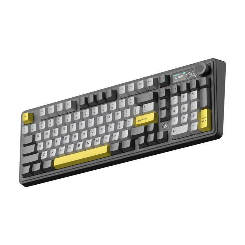 Ajazz AK980 RGB Tri-Mode 98% 97-Keys Gasket-Mounted Hot-Swappable Mechanical Keyboard with 1.14" TFT Display Screen & Knob (Black/Grey/Yellow) (Maillard Switch, Gift Switch V2)
