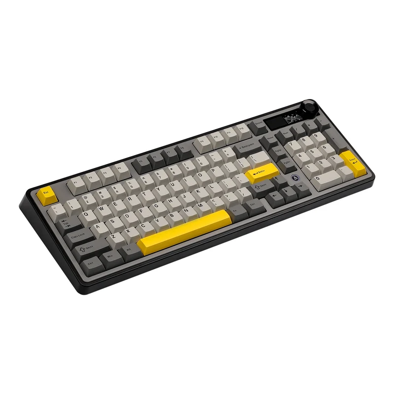 Ajazz AK980 RGB Tri-Mode 98% 97-Keys Gasket-Mounted Hot-Swappable Mechanical Keyboard with 1.14" TFT Display Screen & Knob (Black/Grey/Yellow) (Maillard Switch, Gift Switch V2)