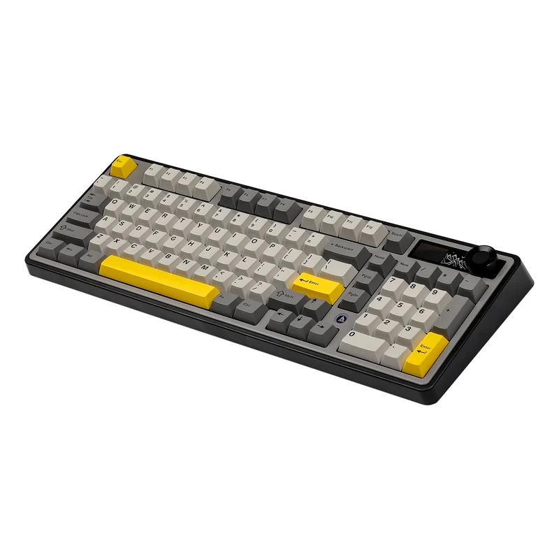 Ajazz AK980 RGB Tri-Mode 98% 97-Keys Gasket-Mounted Hot-Swappable Mechanical Keyboard with 1.14" TFT Display Screen & Knob (Black/Grey/Yellow) (Maillard Switch, Gift Switch V2)