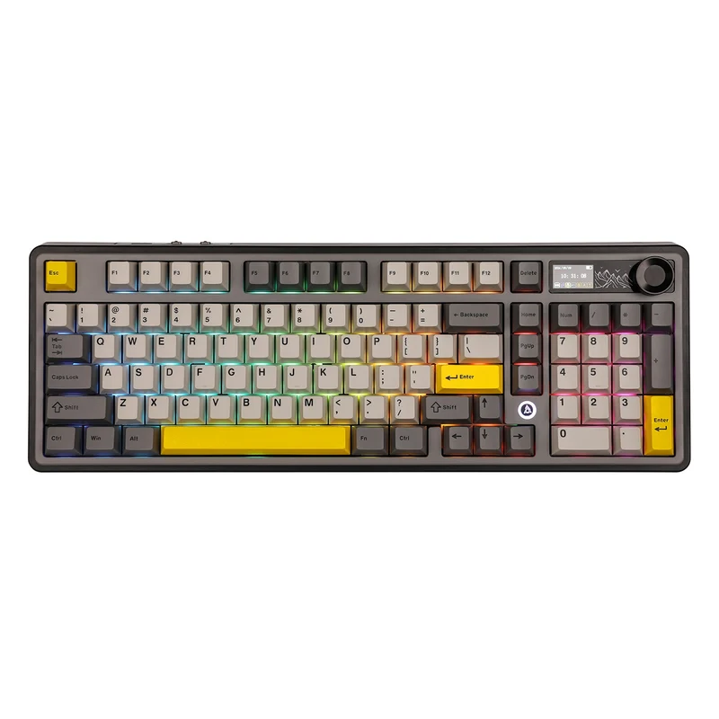 Ajazz AK980 RGB Tri-Mode 98% 97-Keys Gasket-Mounted Hot-Swappable Mechanical Keyboard with 1.14" TFT Display Screen & Knob (Black/Grey/Yellow) (Maillard Switch, Gift Switch V2)