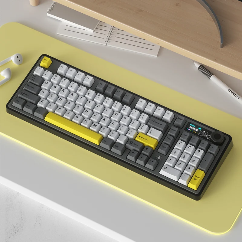 Ajazz AK980 RGB Tri-Mode 98% 97-Keys Gasket-Mounted Hot-Swappable Mechanical Keyboard with 1.14" TFT Display Screen & Knob (Black/Grey/Yellow) (Maillard Switch, Gift Switch V2)