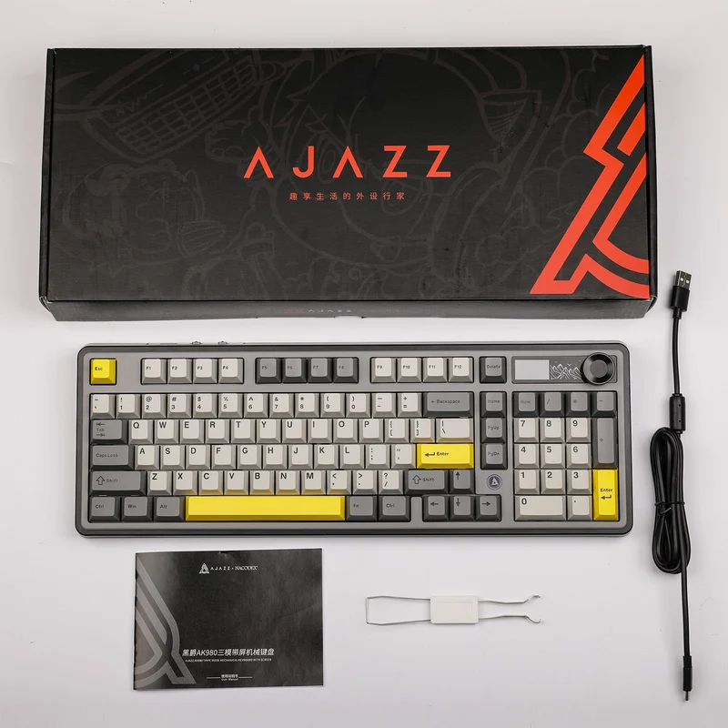 Ajazz AK980 RGB Tri-Mode 98% 97-Keys Gasket-Mounted Hot-Swappable Mechanical Keyboard with 1.14" TFT Display Screen & Knob (Black/Grey/Yellow) (Maillard Switch, Gift Switch V2)