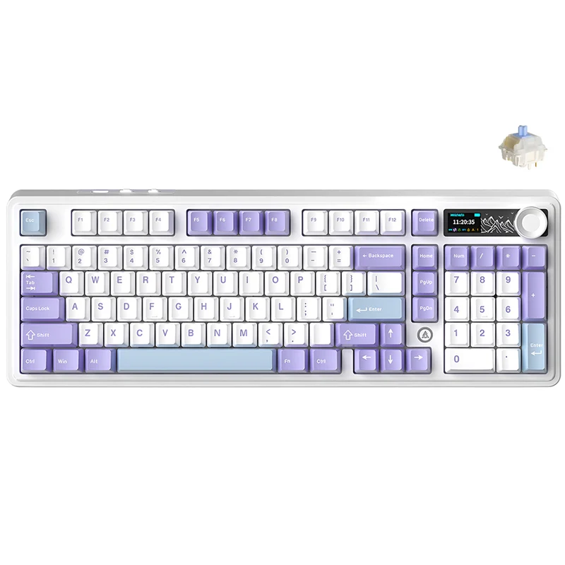 Ajazz AK980 RGB Tri-Mode 98% 97-Keys Gasket-Mounted Hot-Swappable Mechanical Keyboard with 1.14" TFT Display Screen & Knob (Purple/White/Blue) (Maillard Switch, Gift Switch V2)