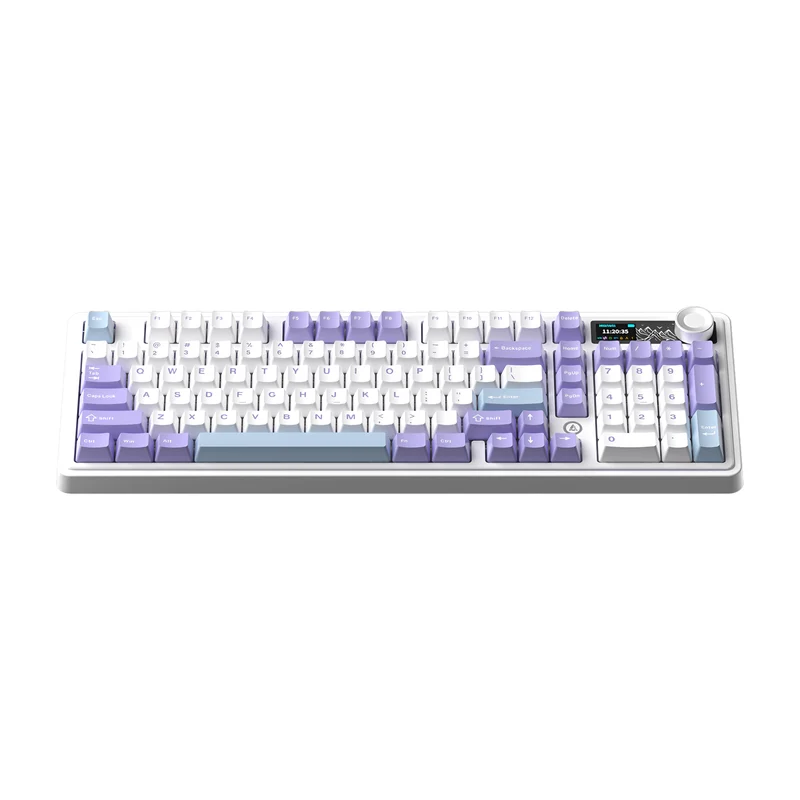 Ajazz AK980 RGB Tri-Mode 98% 97-Keys Gasket-Mounted Hot-Swappable Mechanical Keyboard with 1.14" TFT Display Screen & Knob (Purple/White/Blue) (Maillard Switch, Gift Switch V2)