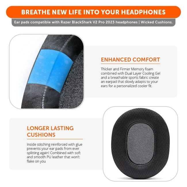 Wicked Cushions Razer Blackshark V2 Pro Earpads - WC FreeZe Cooling Gel (2023 Model) (Black) (Blackshark-2023-B)