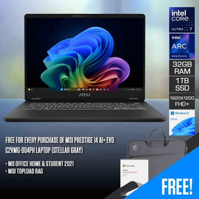 MSI Prestige 14 AI+ Evo C2VMG-004PH Laptop (Stellar Gray) | 14" FHD+ (1920x1200) 144Hz IPS | Ultra 7 258V | 32GB RAM | 1TB SSD | Intel Arc 140V Graphics | Windows 11 Home | MS Office Home & Student 2021 + MSI Topload Bag