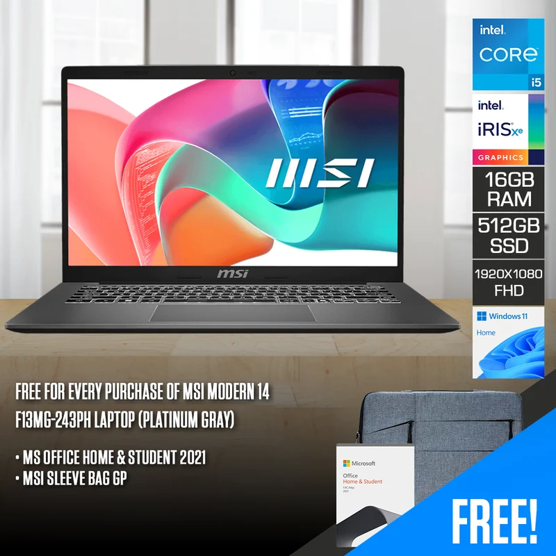 MSI Modern 14 F13MG-243PH Laptop (Platinum Gray) | 14" FHD (1920x1080) IPS | i5-1334U | 16GB RAM | 512GB SSD | Intel Iris Xe Graphics | Windows 11 Home | MS Office Home & Student 2021 + MSI Sleeve Bag GP