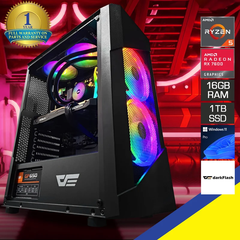 Sigma Pollux Black Desktop Gaming PC | AMD Ryzen 5 7500F | 16GB RAM | 1TB SSD | RX 7600 | Windows 11 Pro