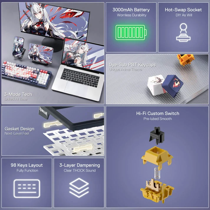 Redragon Eisa Pro SE Anime 3 Modes 98-Key Hot-Swappable RGB Mechanical Keyboard (Hi-Fi Linear Switch) (K686AK-RGB-Pro)