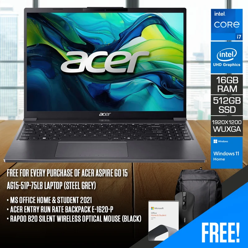 Acer Aspire Go 15 AG15-51P-75L8 Laptop (Steel Grey) | 15.3" WUXGA (1920x1200) IPS | i7-1355U | 16GB RAM | 512GB SSD | Intel UHD Graphics | Win 11 Home | MS Office H&S 2021+ Acer Entry Run Rate Backpack E-1620-P + Rapoo B20 Silent Wireless Optical Mouse
