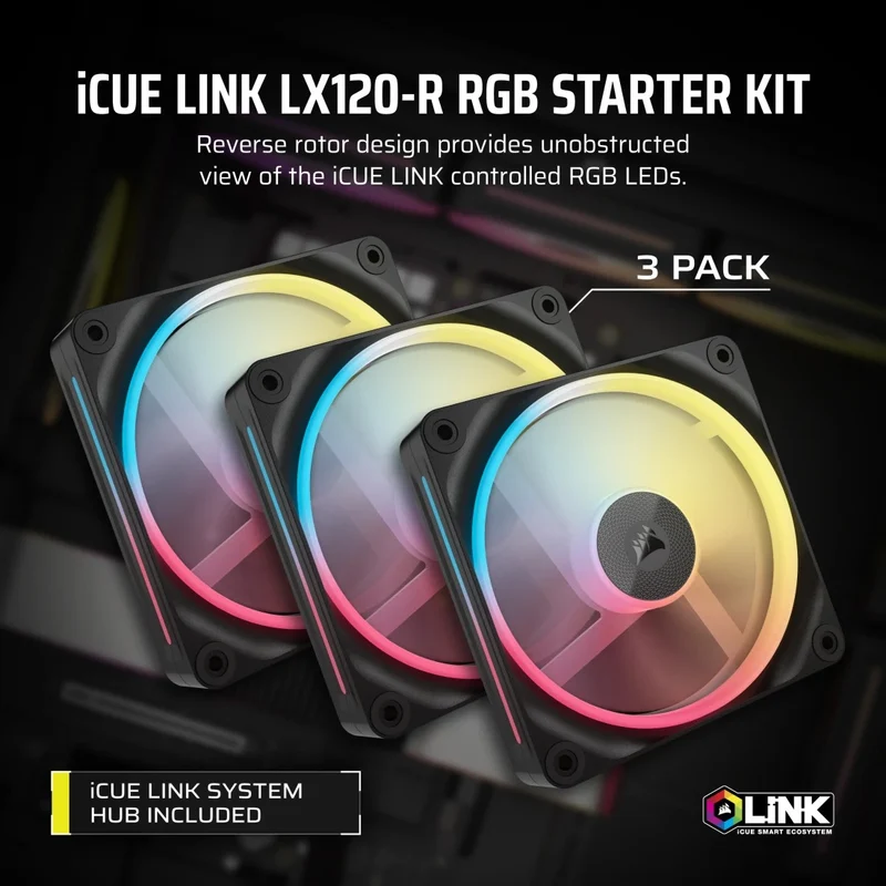 Corsair iCue Link LX120-R RGB 120mm PWM Reverse Triple Fan Kit (Black, White) (CO-9051050-WW, CO-9051054-WW)